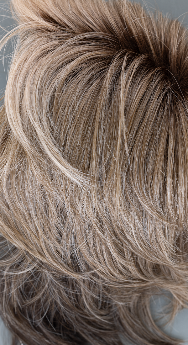 52/38/49/R8 - 38 Light Brown with 5% Grey and 38 Nape Dark Brown with 5% Grey and 49 Beige Bangs and R8 Dark Brown Roots