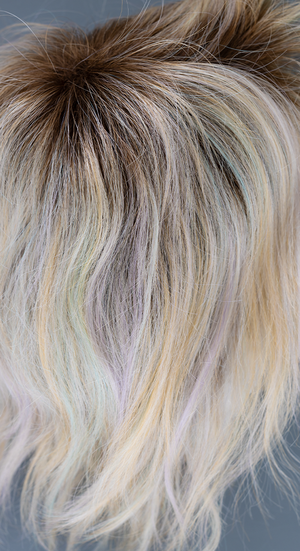 Pastel Rainbow R - Champagne Blonde with Very light Green, Pink and Tangerine Highlights and Dark Brown Roots (+$5.00)